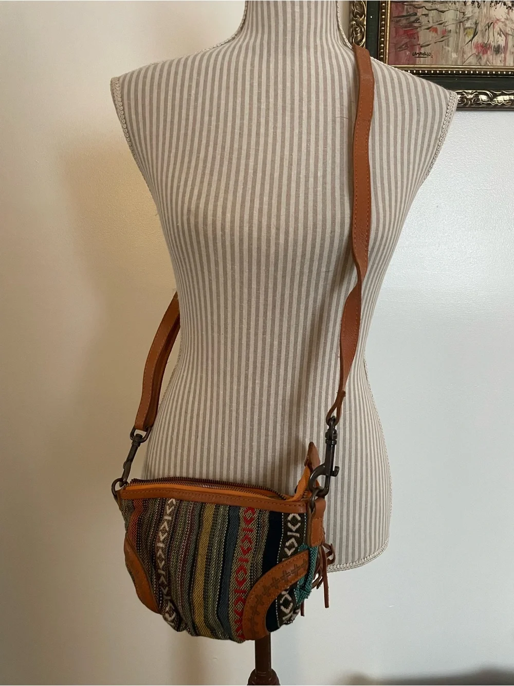 Multicolor Woven Crossbody Bag with Brown Trim